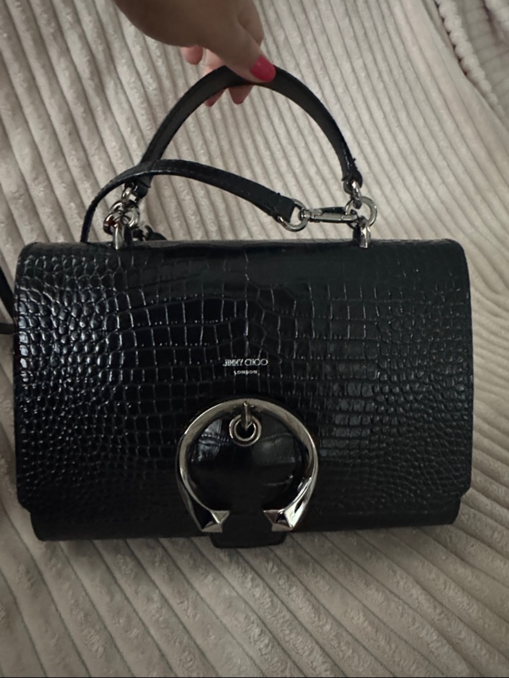 Jimmy Choo Black Croc-Embossed Leather Top Handle Satchel with Silver Hardware